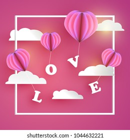 Valentine concept. Balloon hearts carrying LOVE letter on pink tone background