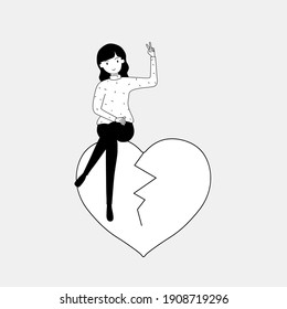 Valentine concept, girl sitting on broken heart and posing v sign