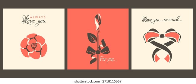 Concepto de San Valentín. Conjunto de carteles retro para las vacaciones del 14 de febrero. Hermosa flor roja, rosebud, arco en forma de corazón, texto de amor. Tarjetas de regalo. Ilustración plana de Vector