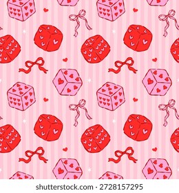 Valentine Coquette seamless pattern Dice Ribbon Bow hand drawn in groovy line style on wavy striped background
