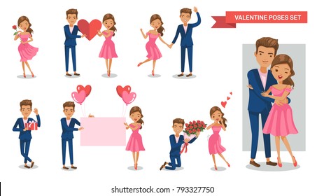 Valentine Couple characters set. Are holding together Balloons, bouquets, roses, hearts, paper, Gift box, hugging,Concept of love. Vector  illustration. isolated on white background
