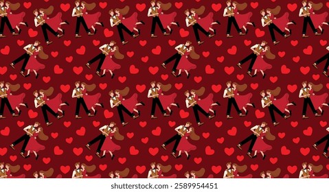 Valentine couple, dancing, with several hearts around them, pattern for designer backgrounds, repeat, background in red tones.