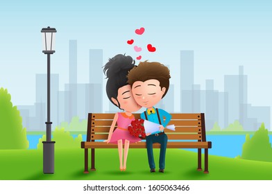 Valentine couple dating vector characters. Valentines lovers characters in love, kissing and dating in park background. Vector illustration.