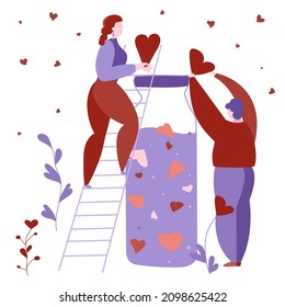 Valentine with a couple makes love drink in a bottle. Vector illustration for february 14 gift card 