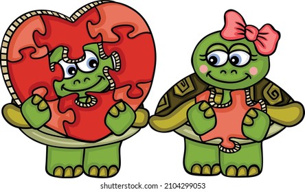 Valentine couple turtles with heart puzzle of love