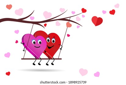 Valentine couple. Valentines day or for wedding. Cute characters of lovers. Two loving hearts couple swinging on swing. Vector illustration. Template for banner or card.