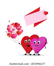 Valentine couple. Valentines day or for wedding. Template poster. Cute characters of lovers. Two loving hearts couple. Gives balloons. Vector illustration isolated on a white background. 