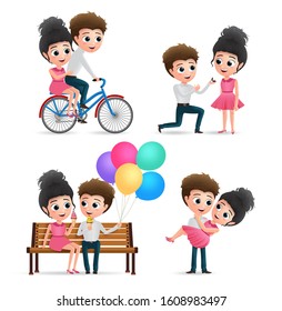 Valentine couple vector characters set. Lovers valentines character in dating, bicycle riding , proposing, sitting and eating ice cream isolated in white background. Vector illustration.