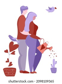 Valentine with a couple with watering can to water cactus, vector illustration