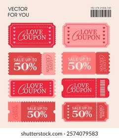 Valentine coupons set icon with barcode, percent price off, isolated on background. Pack of valentine gift voucher. Coupon book in vector illustration