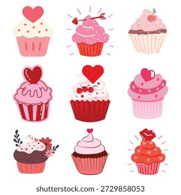 Colección de cupcake de San Valentín. Magdalenas rosadas de Vector con aderezos de corazón y fresa para un diseño romántico de postre