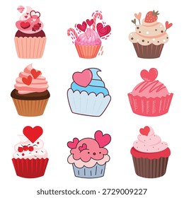 Valentine cupcake dessert set. Vector sweet pink muffins with strawberry and heart toppings for romantic food design