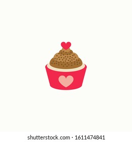 Valentine cupcake icon with heart shaped in flat style isolated on white background. Love concept. Vector illustration.