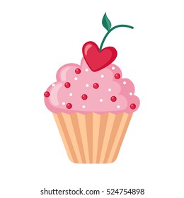 Valentine cupcake icon with heart shaped cherry in flat style isolated on white background. Love concept. Vector illustration.