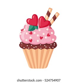 Valentine cupcake icon with hearts in flat style isolated on white background. Love concept. Vector illustration.