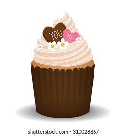 Valentine cupcake with two hearts, vector illustration.