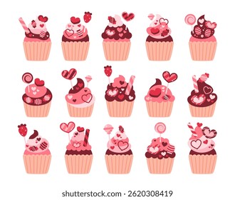 Valentine cupcakes plano vetor ilustração conjunto