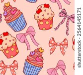 Valentine cupcakes with ribbon bow seamless pattern background.