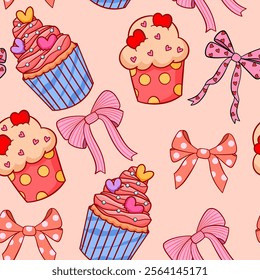 Valentine cupcakes with ribbon bow seamless pattern background.