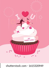 Valentine Cupcakes with toppers and a dancing couple, heart decoration on a pastel pink background with a message card, fireworks and decoration.