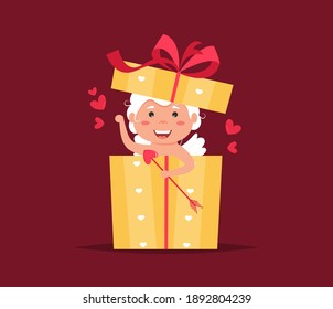 Valentine Cupid angel in gift box. Cute boy or girl cupid cartoon character. Flying angel love holding hearts. Lover cupid gift box congratulation. Vector holiday amur boy character gift card.