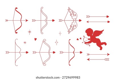Iconos del arte de la flecha y de la línea del arco de San Valentín Cupido. Silueta de Cupido. Conjunto de arco y flecha.