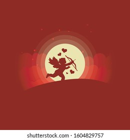 Valentine Cupid Flat Design with Clouds and moon background vector illustration