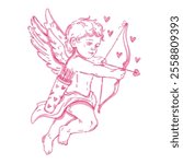 Valentine cupid hand drawn illustration, pink cherub watercolor doodle, vector cute baby angel, bow. Romantic child cartoon character heaven boy with wings tattoo print heart. Valentine cupid clipart