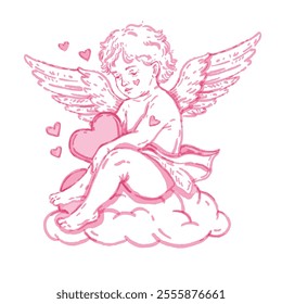 Valentine cupid hand drawn illustration, vector pink cherub watercolor doodle, cute baby angel cloud. Romantic child cartoon character heaven boy with wings tattoo print heart. Valentine cupid clipart