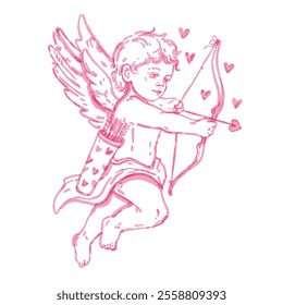 Valentine cupid hand drawn illustration, pink cherub watercolor doodle, vector cute baby angel, bow. Romantic child cartoon character heaven boy with wings tattoo print heart. Valentine cupid clipart