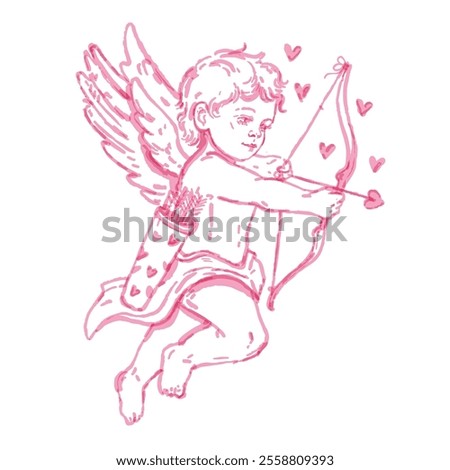 Valentine cupid hand drawn illustration, pink cherub watercolor doodle, vector cute baby angel, bow. Romantic child cartoon character heaven boy with wings tattoo print heart. Valentine cupid clipart