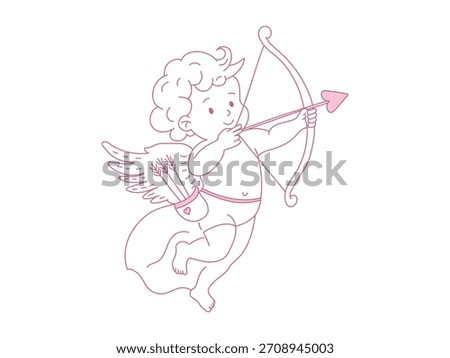 Valentine cupid hand-drawn vector illustration, pink cherub in doodle style aims a heart arrow,spreading love for happy Valentine's Day.Romantic child character,heaven boy with wings.Valentine clipart