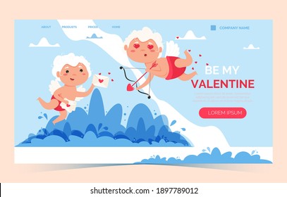 Valentine Cupid love angel landing page. Cute boy or girl cupid. Flying angel love holding hearts envelope. Lover cupid. Vector holiday amur boy character. Flying with heart, shoots bow