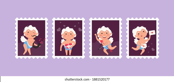 Valentine Cupid love angel poststamps. Cute boy or girl cupid. Flying angel love holding hearts envelope. Lover cupid. Vector holiday amur boy character. Valentines Day Love Stamps. Scrapbook sticker