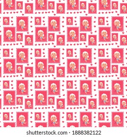 Valentine Cupid love angel seamless pattern. Cute boy or girl cupid. Flying angel love holding hearts envelope. Lover cupid. Vector holiday amur boy character. Flying with heart, shoots bow