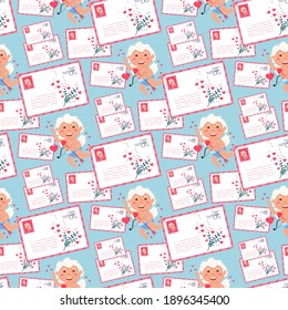 Valentine Cupid love angel seamless pattern. Cute boy or girl cupid. Flying angel love holding hearts envelope. Lover cupid. Vector holiday amur boy character. Flying with heart, shoots bow