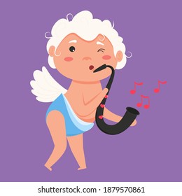 Valentine Cupid love playfully angel. Boy or girl cupid. Flying angel love playing music on saxophone. Lover cupid. Vector romance holiday amur boy character. Fantasy amour kid greeting card.