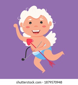 Valentine Cupid love playfully angel. Cute boy or girl cupid. Flying angel love shoots bow. Lover cupid. Vector illustration romance holiday amur boy character. Fantasy amour kid greeting card.