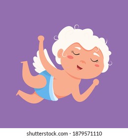 Valentine Cupid love playfully angel. Cute boy or girl cupid. Flying angel love shoots bow. Lover cupid. Vector illustration romance holiday amur boy character. Fantasy amour kid greeting card.