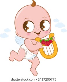 Valentine cupid playing a harp. Cute cupid baby boy with harp playing music. Valentine day baby cupid angel with wings and harp. Vector illustration