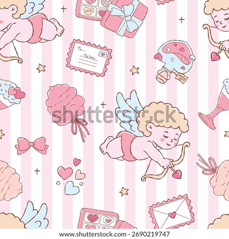 Valentine Cupid Seamless Pattern, Kawaii Angel Digital Paper, Trendy Pastel Valentine Fabric Design Vector