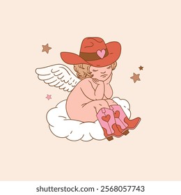 Valentine cupid in western cowboy boots. Hand drawn cute angel illustration. Perfect for tee shirt logo, greeting card, poster or nursery print design. EPS 10 vector file.