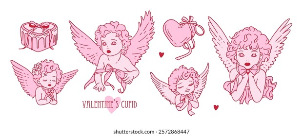 Valentine cupids set, pink cute baby angels wit wings. Romantic child cartoon characters, heaven girls with wings coquette print. Vector contour hand drawn illustration