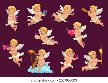 Valentine Cupids with vector love hearts and gifts. Cupid angel cartoon characters, Amur or Cherub with Valentine Day hearts, love arrow and letter, wings, harp, horn and clouds, gift box and torch