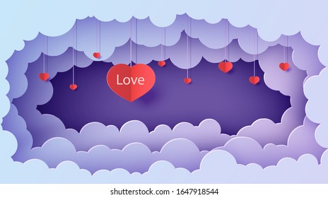 Valentine cut out 3d background with violet blue gradient cloudy landscape papercut art. Night sky clouds rectangular frame with hearts on rope in paper cut style. Vector Valentines card. Lovely gift