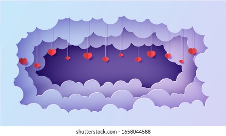 Valentine schneidet 3D-Hintergrund mit violettem blauen Farbverlauf bewölkter Landschaft Paperschnitt Kunst. Der Nachthimmel bewölkt einen rechteckigen Rahmen mit Herz auf Seil im Papierschnitt-Stil. Valentinkarte der Vektorillustration. Schönes Geschenk
