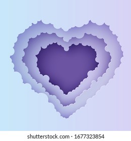 Valentine cut out 3d background with violet blue gradient cloudy landscape papercut art. Night sky clouds heart frame in paper cut style. Vector cut out cardboard Valentines card. Lovely gift.