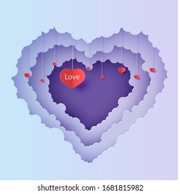 San Valentín recortó el fondo 3d con el fondo azul violeta, el degradado azul turbio, el arte paisajístico nublado. Tarjeta Vector Valentines. Un regalo encantador