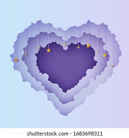 Valentine cut out 3d background with violet blue gradient cloudy landscape papercut art. Night sky clouds heart frame with gold stars on rope in paper cut style. Vector Valentines card. Lovely gift