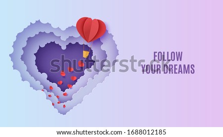 Valentine cut out 3d background with violet blue gradient cloudy landscape and hot air balloon papercut art. Night sky clouds heart frame with hearts in paper cut style. Vector lovely Valentines card